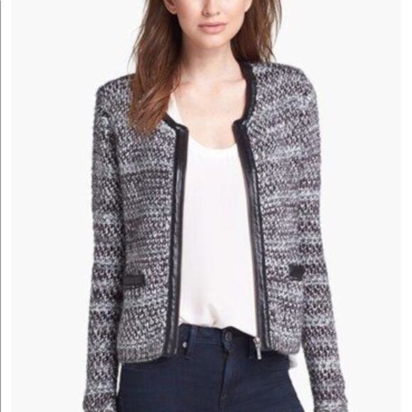 JOIE Jacolyn B Tweed Jacket Blue Full Zip Leather Trim S NWT Dark Academia - Picture 2 of 6
